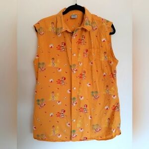 Sleeveless Collared Pin Up Design Shirt - Hang Ten - Large